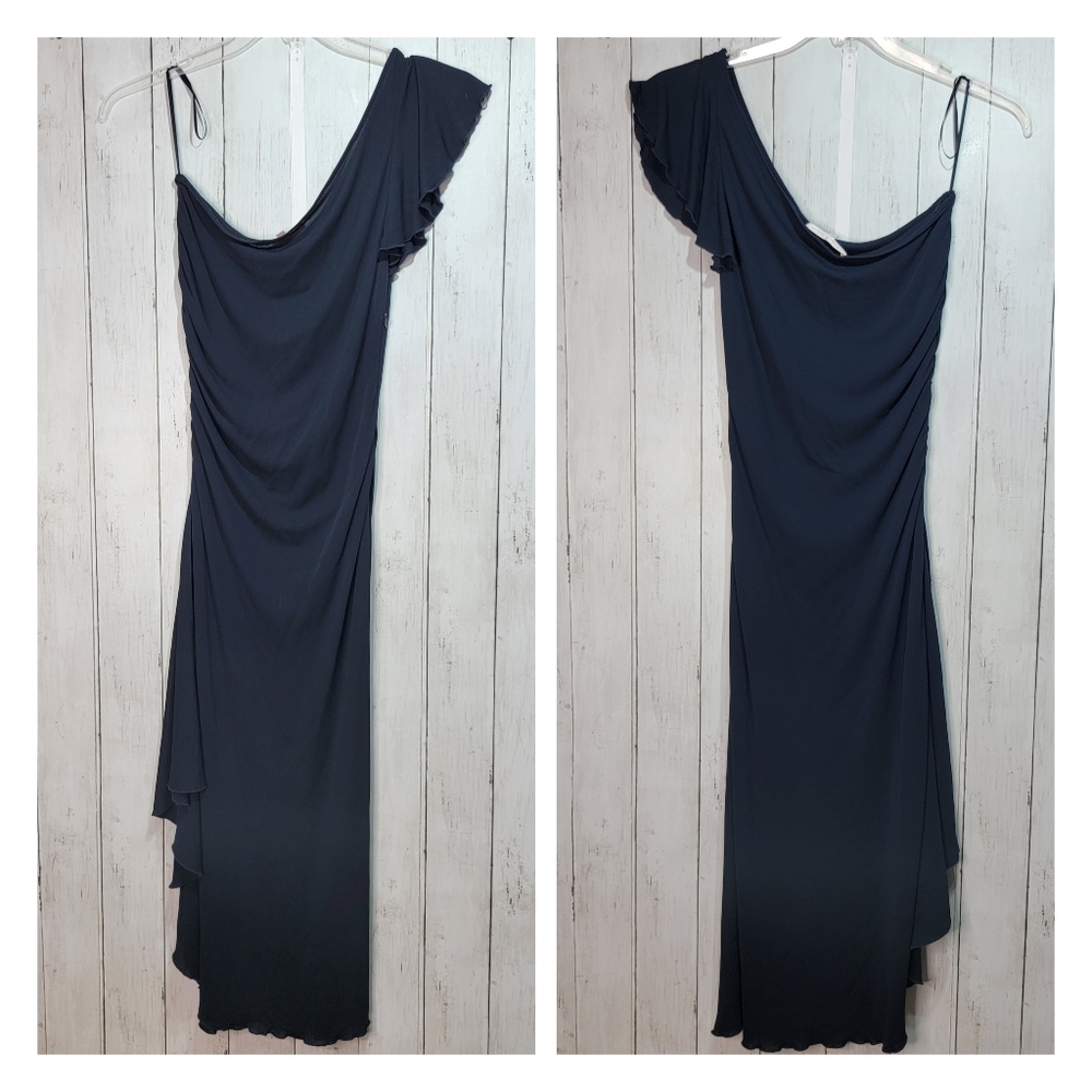 Vintage Rebecca Taylor Women's Navy Blue One Shoulder Midi Length Dress Size 4.